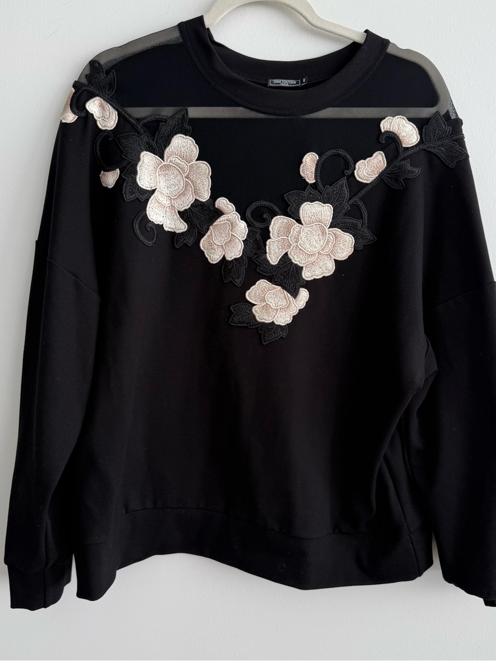 Anne Fontaine Black Sweatshirt with Cream Floral Appliqué
